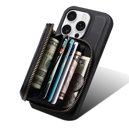 For iPhone 16 Pro Max Denior D26 Skin Feel MagSafe Zipper Bag Leather Phone Case(Black) by Denior