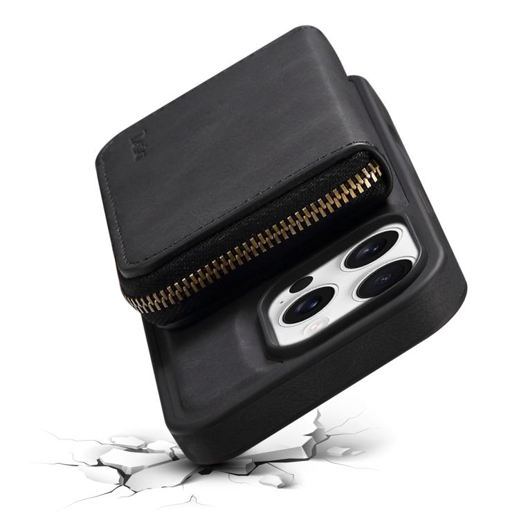 For iPhone 16 Pro Max Denior D26 Skin Feel MagSafe Zipper Bag Leather Phone Case(Black) by Denior