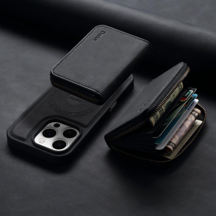 For iPhone 16 Pro Max Denior D26 Skin Feel MagSafe Zipper Bag Leather Phone Case(Black) by Denior