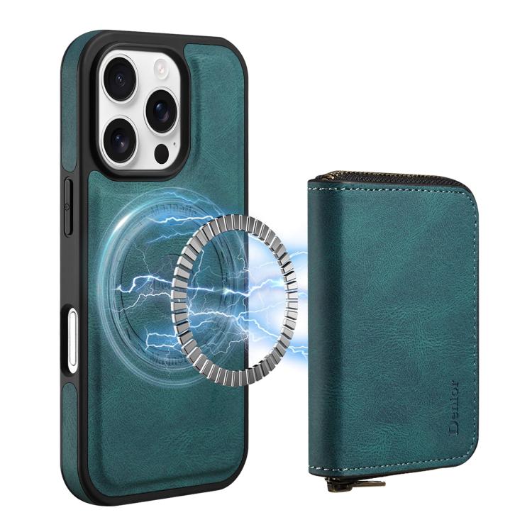 For iPhone 16 Pro Denior D26 Skin Feel MagSafe Zipper Bag Leather Phone Case(Blue) by Denior