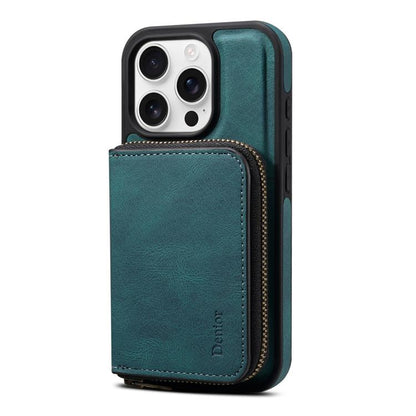 For iPhone 16 Pro Denior D26 Skin Feel MagSafe Zipper Bag Leather Phone Case(Blue) by Denior