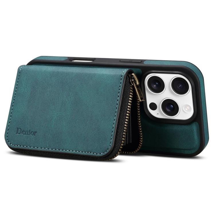 For iPhone 16 Pro Denior D26 Skin Feel MagSafe Zipper Bag Leather Phone Case(Blue) by Denior