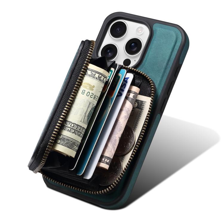 For iPhone 16 Pro Denior D26 Skin Feel MagSafe Zipper Bag Leather Phone Case(Blue) by Denior