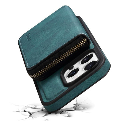 For iPhone 16 Pro Denior D26 Skin Feel MagSafe Zipper Bag Leather Phone Case(Blue) by Denior