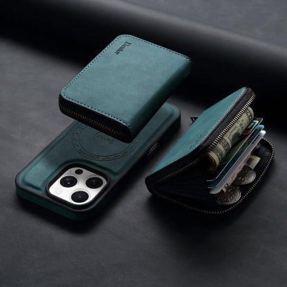 For iPhone 16 Pro Denior D26 Skin Feel MagSafe Zipper Bag Leather Phone Case(Blue) by Denior