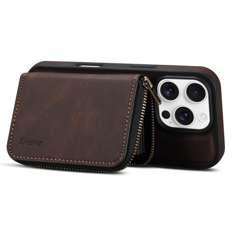 For iPhone 16 Plus Denior D26 Skin Feel MagSafe Zipper Bag Leather Phone Case(Coffee) by Denior