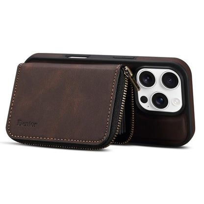 For iPhone 16 Plus Denior D26 Skin Feel MagSafe Zipper Bag Leather Phone Case(Coffee) by Denior