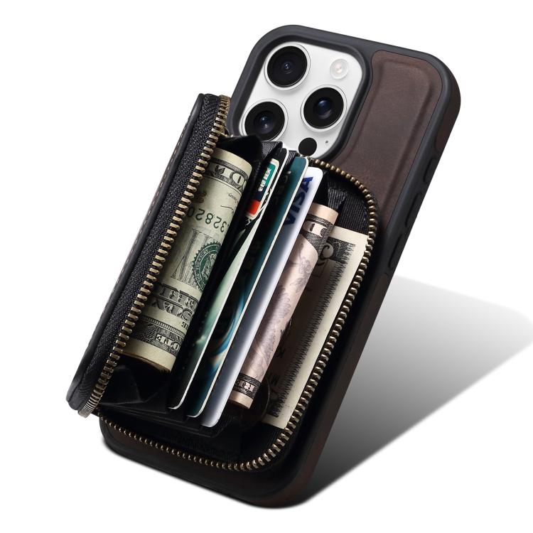 For iPhone 16 Plus Denior D26 Skin Feel MagSafe Zipper Bag Leather Phone Case(Coffee) by Denior