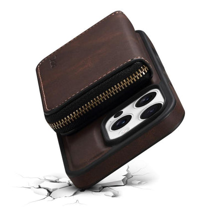 For iPhone 16 Plus Denior D26 Skin Feel MagSafe Zipper Bag Leather Phone Case(Coffee) by Denior