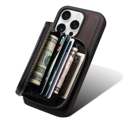 For iPhone 16 Denior D26 Skin Feel MagSafe Zipper Bag Leather Phone Case(Coffee) by Denior