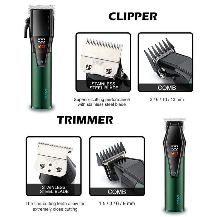 VGR V-677 LED Digital Display Electric Hair Clipper & Trimmer Set(Green) by VGR