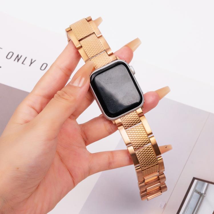 For Apple Watch 46mm / 49mm / 45mm / 44mm Wave Thread 3-bead Stainless Steel Watch Band(Rose Gold) by bashfashion