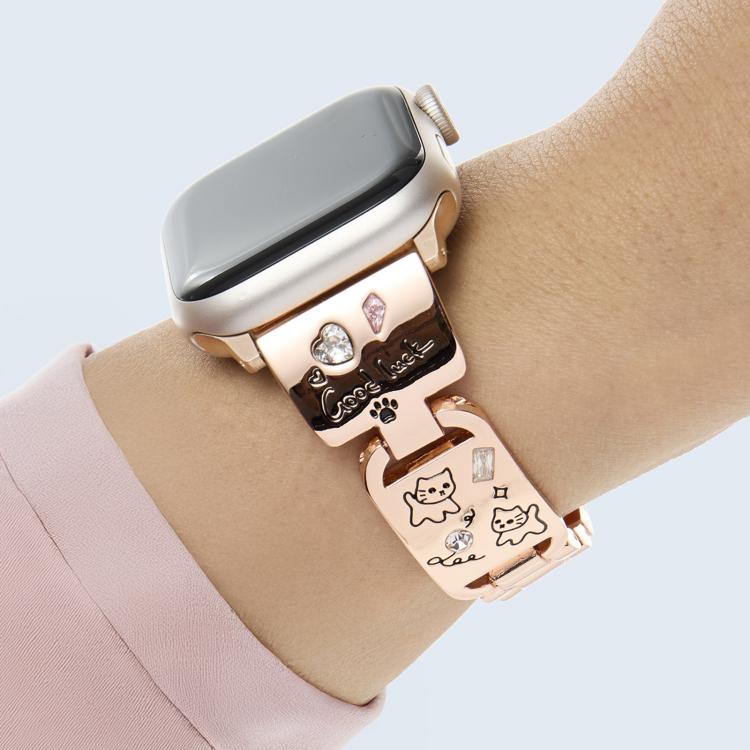 For Apple Watch 46mm / 49mm / 45mm / 44mm Colored Diamond Cat Stainless Steel Watch Band(Rose Gold) by bashfashion