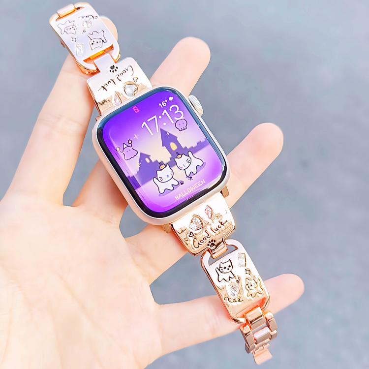 For Apple Watch 46mm / 49mm / 45mm / 44mm Colored Diamond Cat Stainless Steel Watch Band(Rose Gold) by bashfashion