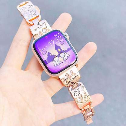 For Apple Watch 46mm / 49mm / 45mm / 44mm Colored Diamond Cat Stainless Steel Watch Band(Rose Gold) by bashfashion