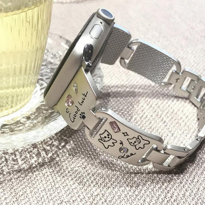 For Apple Watch 46mm / 49mm / 45mm / 44mm Colored Diamond Cat Stainless Steel Watch Band(Silver) by bashfashion