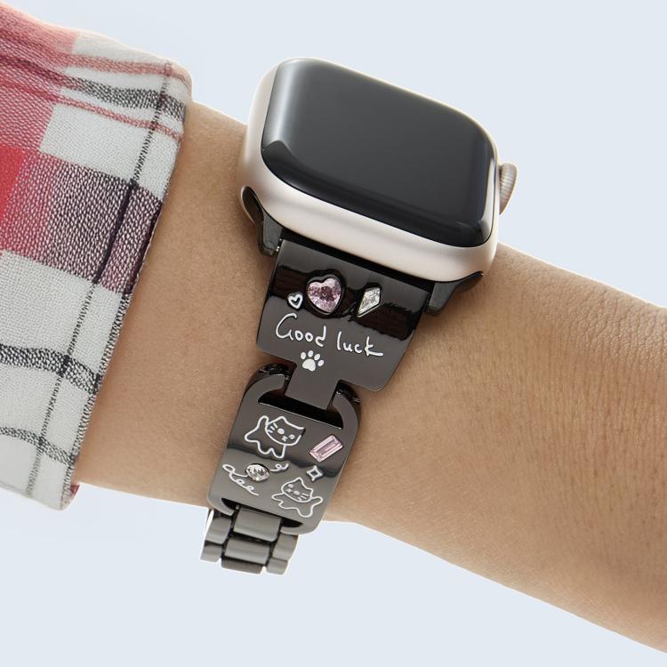 For Apple Watch 42mm / 41mm / 40mm / 38mm Colored Diamond Cat Stainless Steel Watch Band(Black) by bashfashion