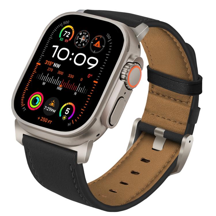 For Apple Watch 46mm / 49mm / 45mm / 44mm Titanium Buckle Nappa Genuine Leather Watch Band(Black) by bashfashion