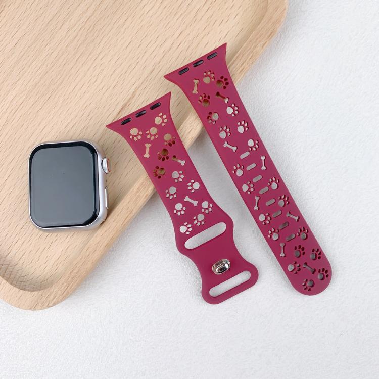 For Apple Watch 46mm / 49mm / 45mm / 44mm Dog Paw Bones Butterfly Buckle Silicone Watch Band(Rose Red) by bashfashion