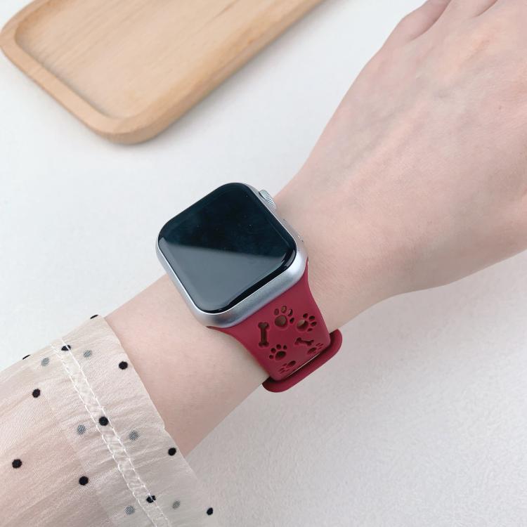 For Apple Watch 46mm / 49mm / 45mm / 44mm Dog Paw Bones Butterfly Buckle Silicone Watch Band(Rose Red) by bashfashion