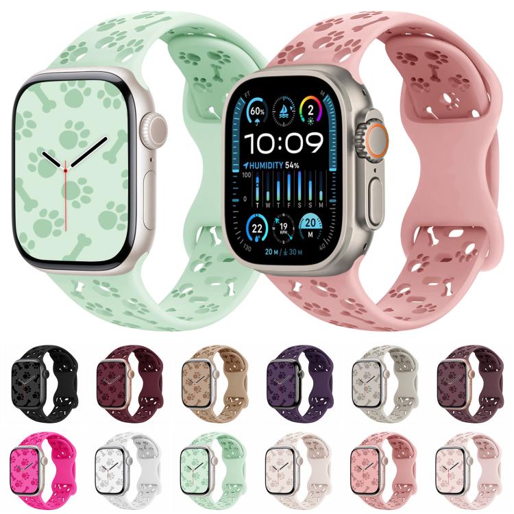 For Apple Watch 46mm / 49mm / 45mm / 44mm Dog Paw Bones Butterfly Buckle Silicone Watch Band(Rose Red) by bashfashion
