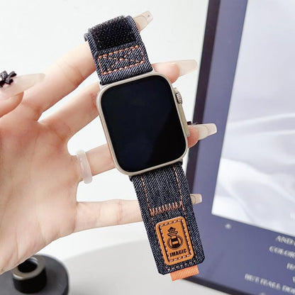 For Apple Watch 46mm / 49mm / 45mm / 44mm Denim Nylon Hook and Loop Fastener Canvas Watch Band(Dark Blue) by bashfashion