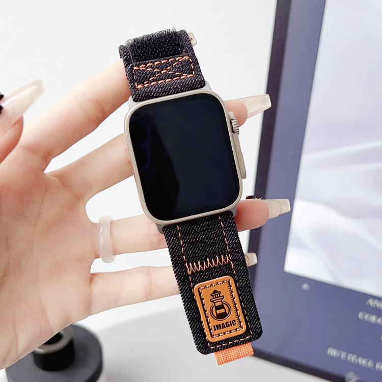For Apple Watch 42mm / 41mm / 40mm / 38mm Denim Nylon Hook and Loop Fastener Canvas Watch Band(Black) by bashfashion