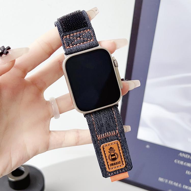 For Apple Watch 42mm / 41mm / 40mm / 38mm Denim Nylon Hook and Loop Fastener Canvas Watch Band(Dark Blue) by bashfashion