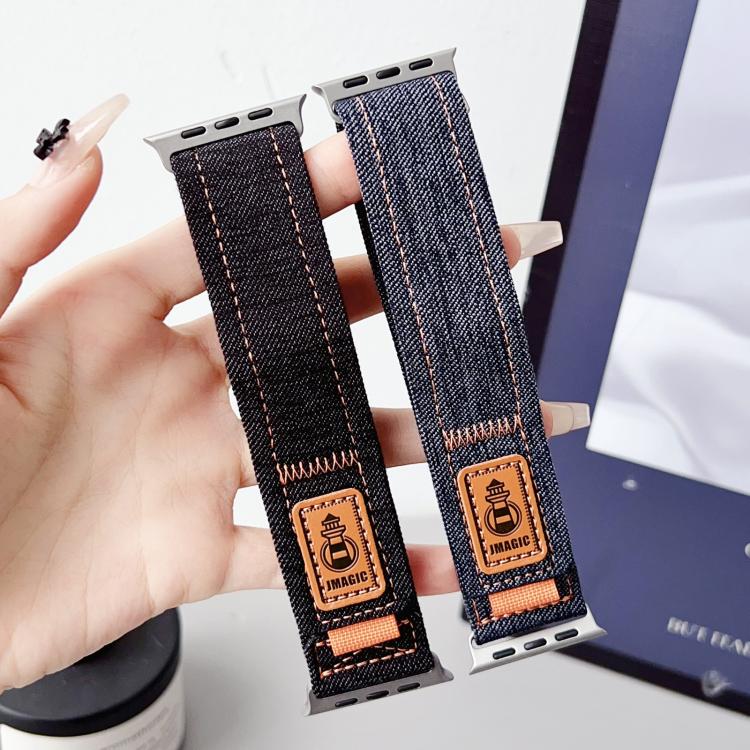 For Apple Watch 42mm / 41mm / 40mm / 38mm Denim Nylon Hook and Loop Fastener Canvas Watch Band(Black) by bashfashion