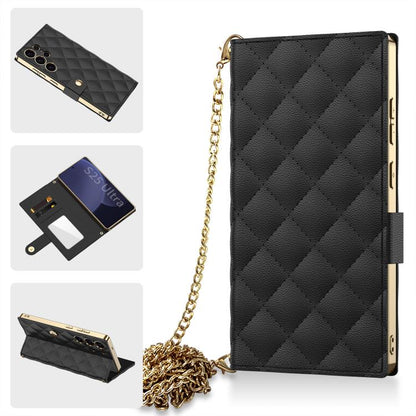 For Samsung Galaxy S25 Ultra 5G GKK Plating Diamond Texture Leather Phone Case With Crossbody Chain(Black) by GKK