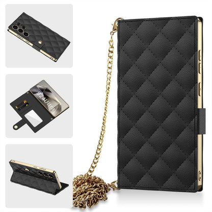 For Samsung Galaxy S24 Ultra 5G GKK Plating Diamond Texture Leather Phone Case With Crossbody Chain(Black) by GKK