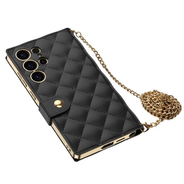 For Samsung Galaxy S24 Ultra 5G GKK Plating Diamond Texture Leather Phone Case With Crossbody Chain(Black) by GKK