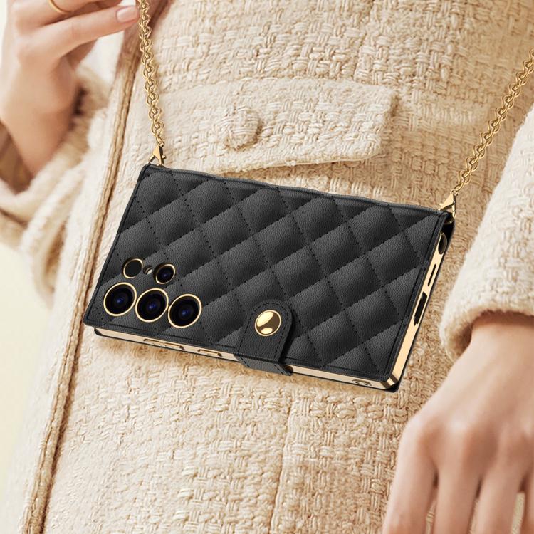 For Samsung Galaxy S23 Ultra 5G GKK Plating Diamond Texture Leather Phone Case With Crossbody Chain(Titanium Gray) by GKK