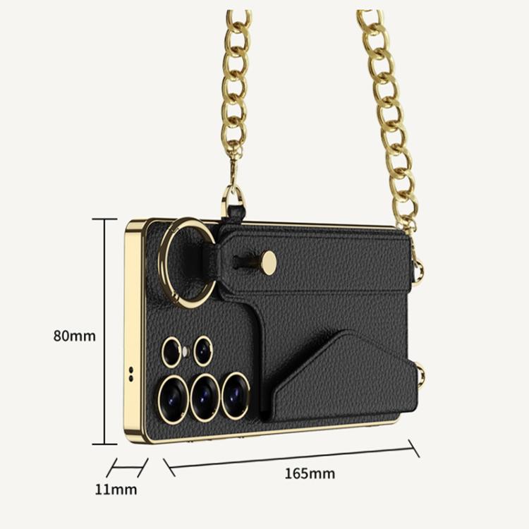 For Samsung Galaxy S25 Ultra 5G GKK Plating Leather Card Holder Full Coverage Phone Case With Bracelet(Black) by GKK