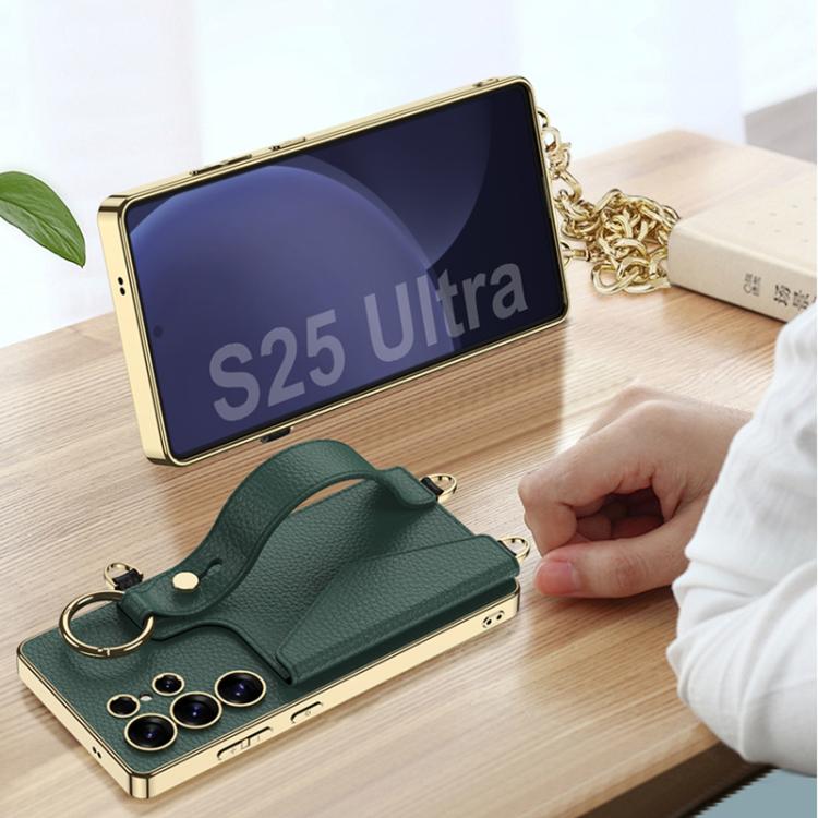 For Samsung Galaxy S25 Ultra 5G GKK Plating Leather Card Holder Full Coverage Phone Case With Bracelet(Black) by GKK
