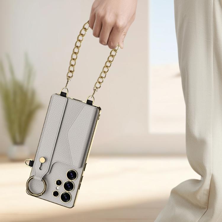 For Samsung Galaxy S25 Ultra 5G GKK Plating Leather Card Holder Full Coverage Phone Case With Bracelet(Black) by GKK