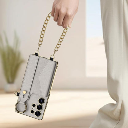 For Samsung Galaxy S25 Ultra 5G GKK Plating Leather Card Holder Full Coverage Phone Case With Bracelet(Black) by GKK