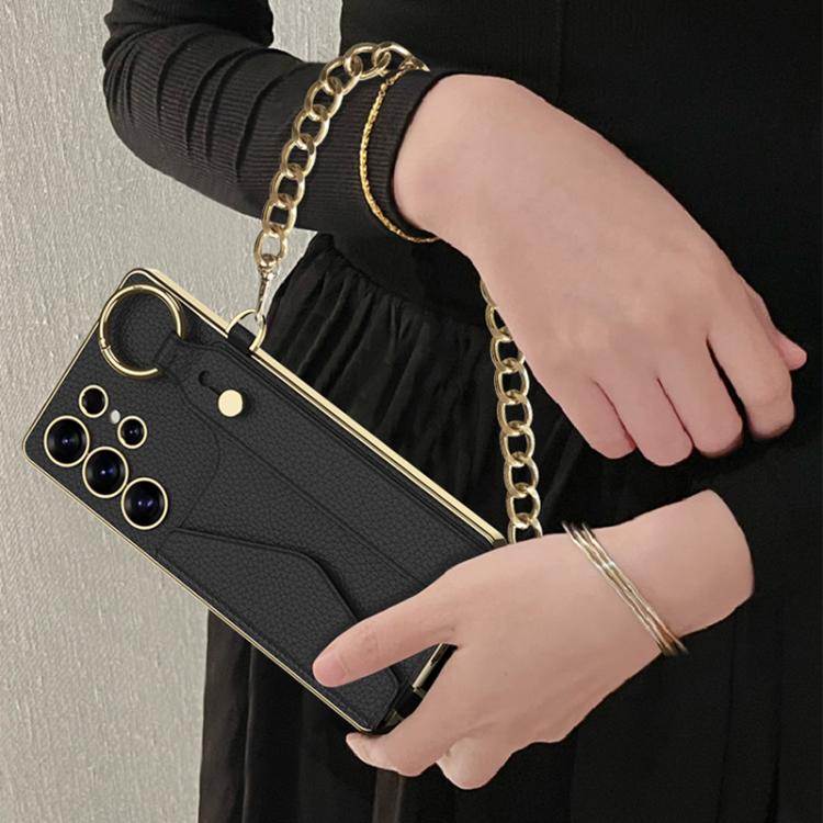 For Samsung Galaxy S25 Ultra 5G GKK Plating Leather Card Holder Full Coverage Phone Case With Bracelet(Black) by GKK