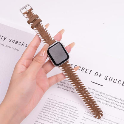 For Apple Watch 46mm / 49mm / 45mm / 44mm Retro Stitched Wool Genuine Leather Watch Band(White Brown) by bashfashion