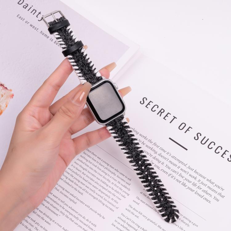 For Apple Watch 46mm / 49mm / 45mm / 44mm Retro Stitched Wool Genuine Leather Watch Band(Black) by bashfashion