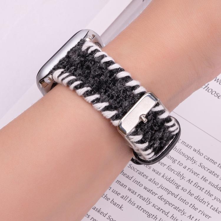 For Apple Watch 46mm / 49mm / 45mm / 44mm Retro Stitched Wool Genuine Leather Watch Band(Black) by bashfashion