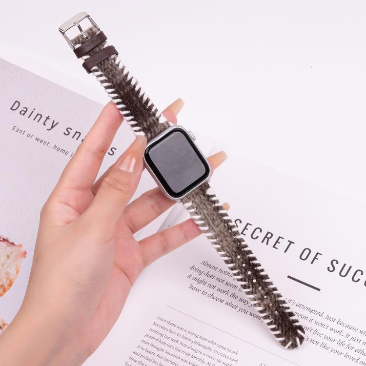 For Apple Watch 46mm / 49mm / 45mm / 44mm Retro Stitched Wool Genuine Leather Watch Band(Coffee) by bashfashion