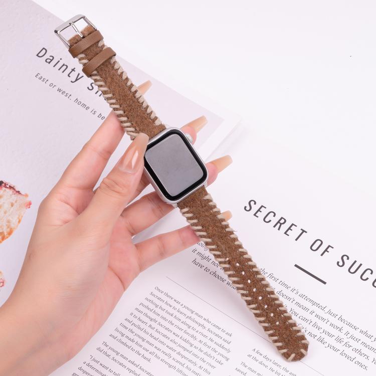 For Apple Watch 46mm / 49mm / 45mm / 44mm Retro Stitched Wool Genuine Leather Watch Band(Beige Brown) by bashfashion