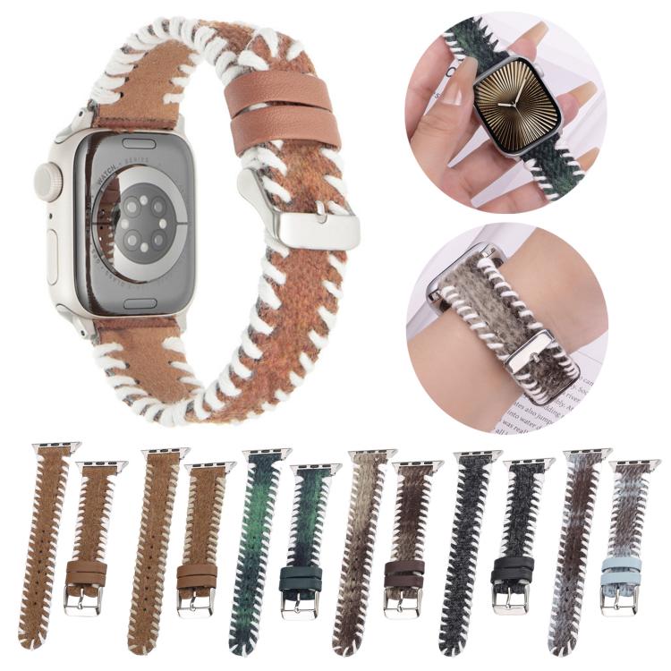 For Apple Watch 46mm / 49mm / 45mm / 44mm Retro Stitched Wool Genuine Leather Watch Band(Coffee) by bashfashion