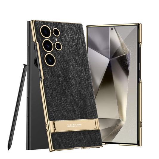 For Samsung Galaxy S24 Ultra 5G GKK Triumph Ultra-Thin Plain Leather Silver Brocade Phone Case with Holder(Silver Brocade Black) by GKK