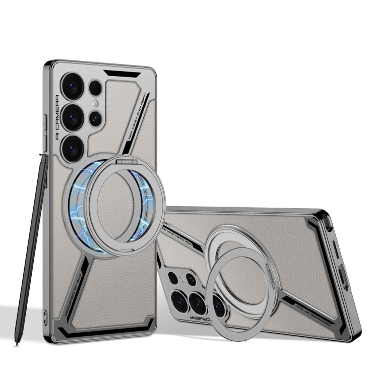 For Samsung Galaxy S25 Ultra 5G GKK Electroplating Leather Z-Shape Disassemble MagSafe Phone Case, Not Included Pen(Titanium Gray) by GKK