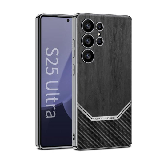 For Samsung Galaxy S25 Ultra 5G GKK Plating Leather Wood Texture Full Coverage Phone Case(Black) by GKK