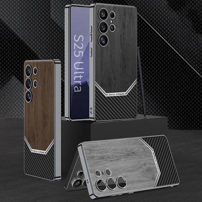 For Samsung Galaxy S25 Ultra 5G GKK Plating Leather Wood Texture Full Coverage Phone Case(Black) by GKK