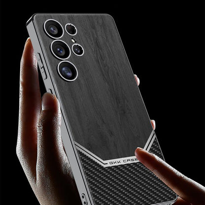 For Samsung Galaxy S25 Ultra 5G GKK Plating Leather Wood Texture Full Coverage Phone Case(Black) by GKK