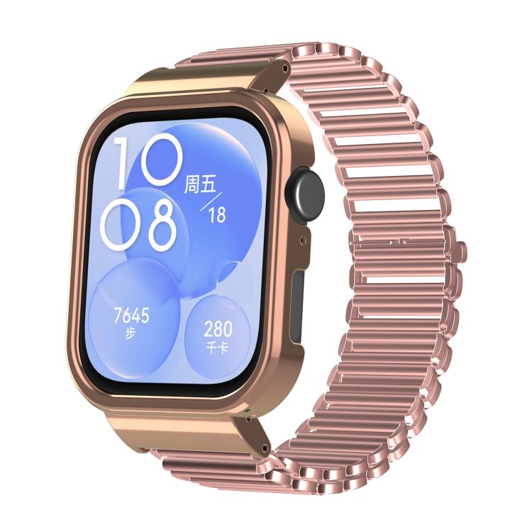 For Huawei Watch Fit3 Hollow Chain Metal Frame Watch Band(Rose Gold+Rose Pink) by bashfashion